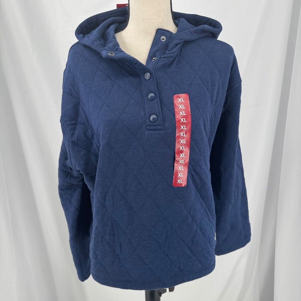 Lands End Womens Navy Blue Quilted Pullover Hoodie Snap Neck XL 16-18 NWT